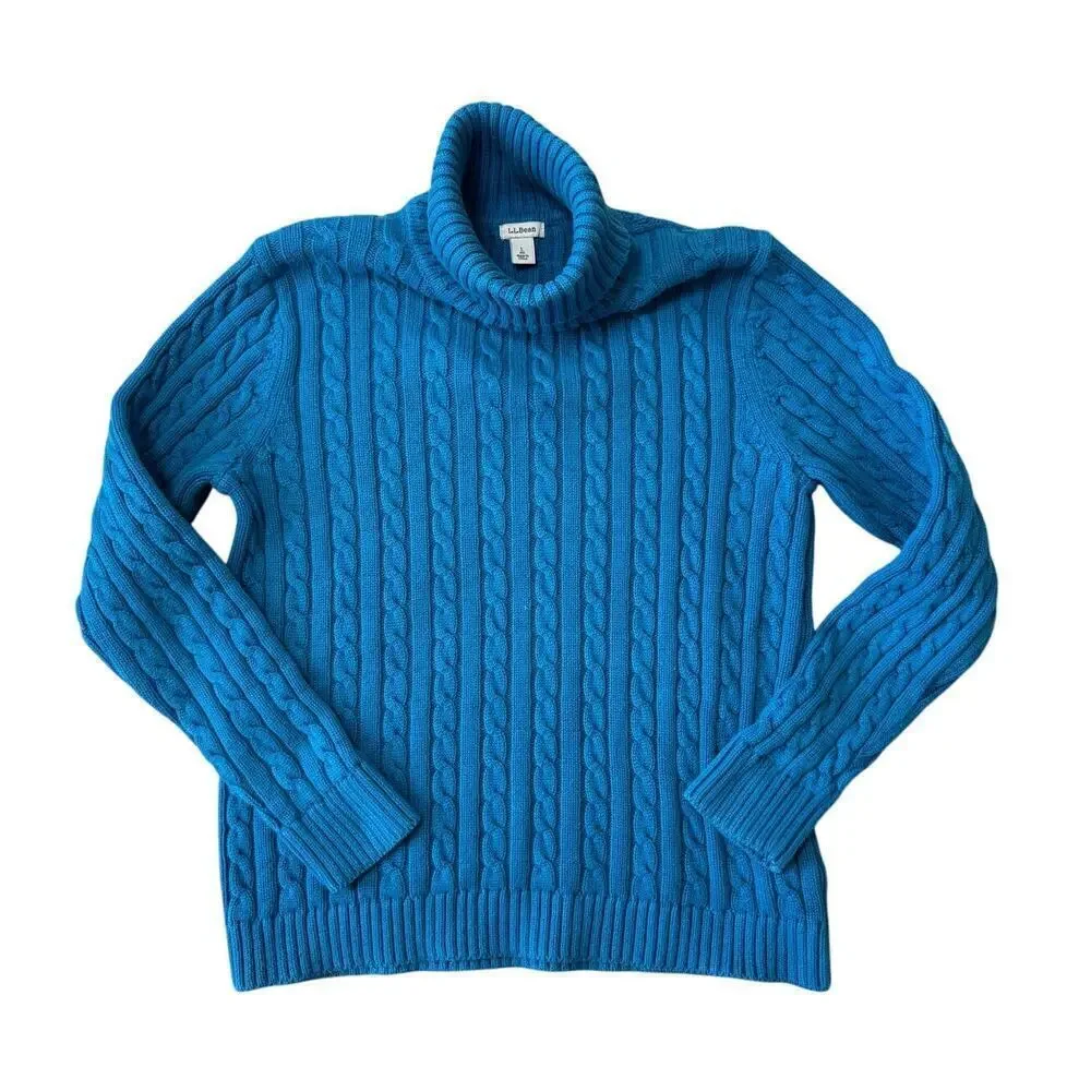 L.L. Bean Blue Cable knit turtle neck Sweater, Size Large , 100% Cotton